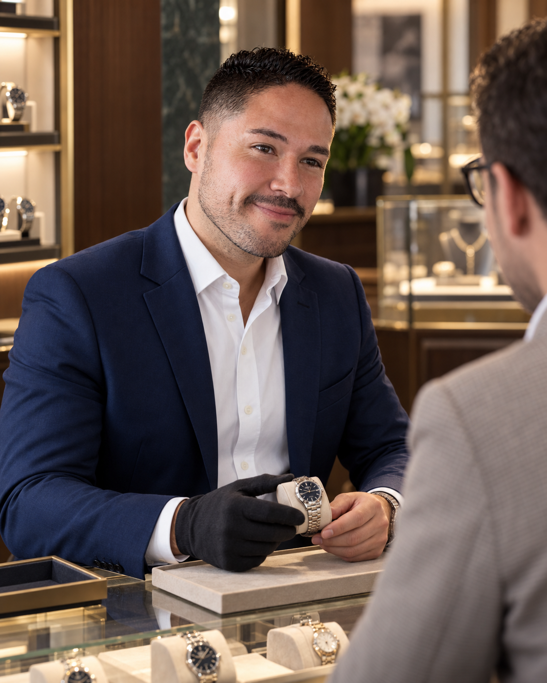 Escena ilustrativa de Gino Infantozzi asesorando a un cliente en una tienda de relojería